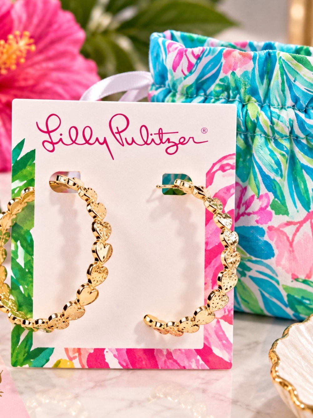 Lilly Pulitzer Gold Heart Hoop Earrings NWT + Floral Pouch